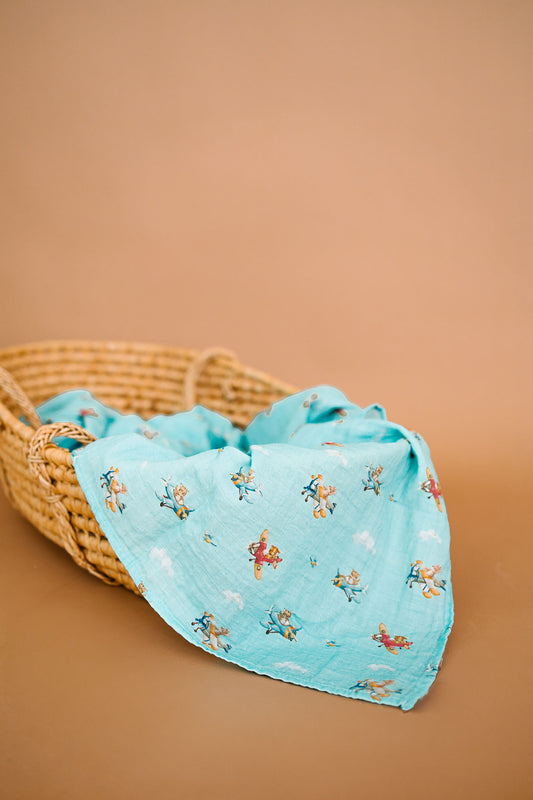 Blue Animal Aviation Swaddle Blanket